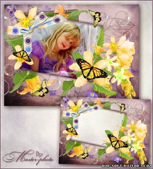 Летняя рамка для фотошопа с цветами и бабочками - В полете