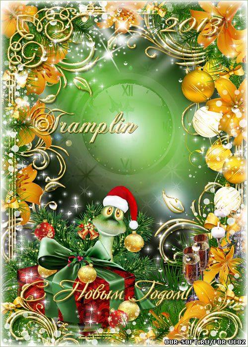 Новогодняя рамка с символом года змеей– Хвоя, цветы, бантики, шары