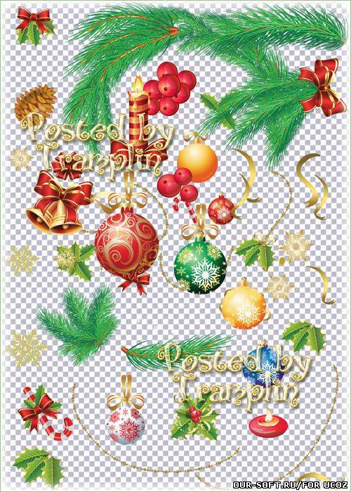 Новогодний клипарт – Игрушки, ветки, свечи
