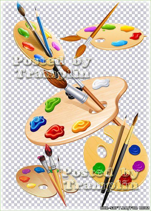 Клипарт на прозрачном фоне – Палитры с красками, кисточки для рисования