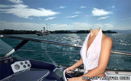 Шаблон для фото - Девушка на море за рулем катера