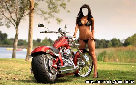 Шаблон для фотошопа - Фигуристая брюнетка рядом с мотобайком