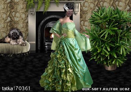 Женский шаблон для фотошопа - Девушка в зелёном платье у камина