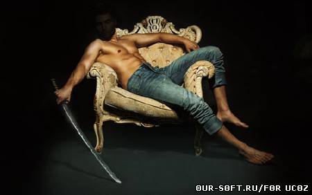 Шаблон для photoshop - Парень на кресле с катаной в руке