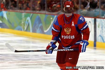 Шаблон для фотошопа - Российский хоккеист с клюшкой