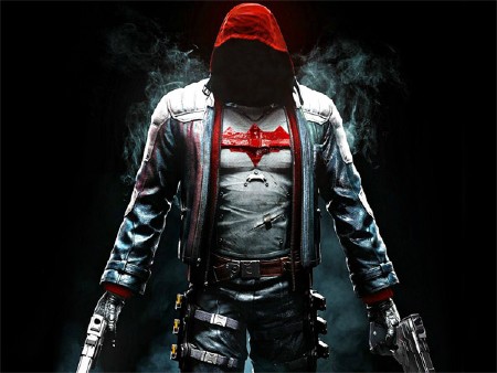 Мужской фото шаблон - В красном балахоне с пистолетами