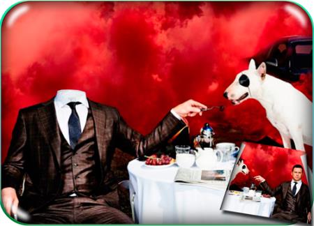 Фотошаблон для фото - Мужчина кормит питбуля