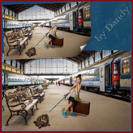 Шаблон для фотошопа - девочка с кошкой и чемоданом